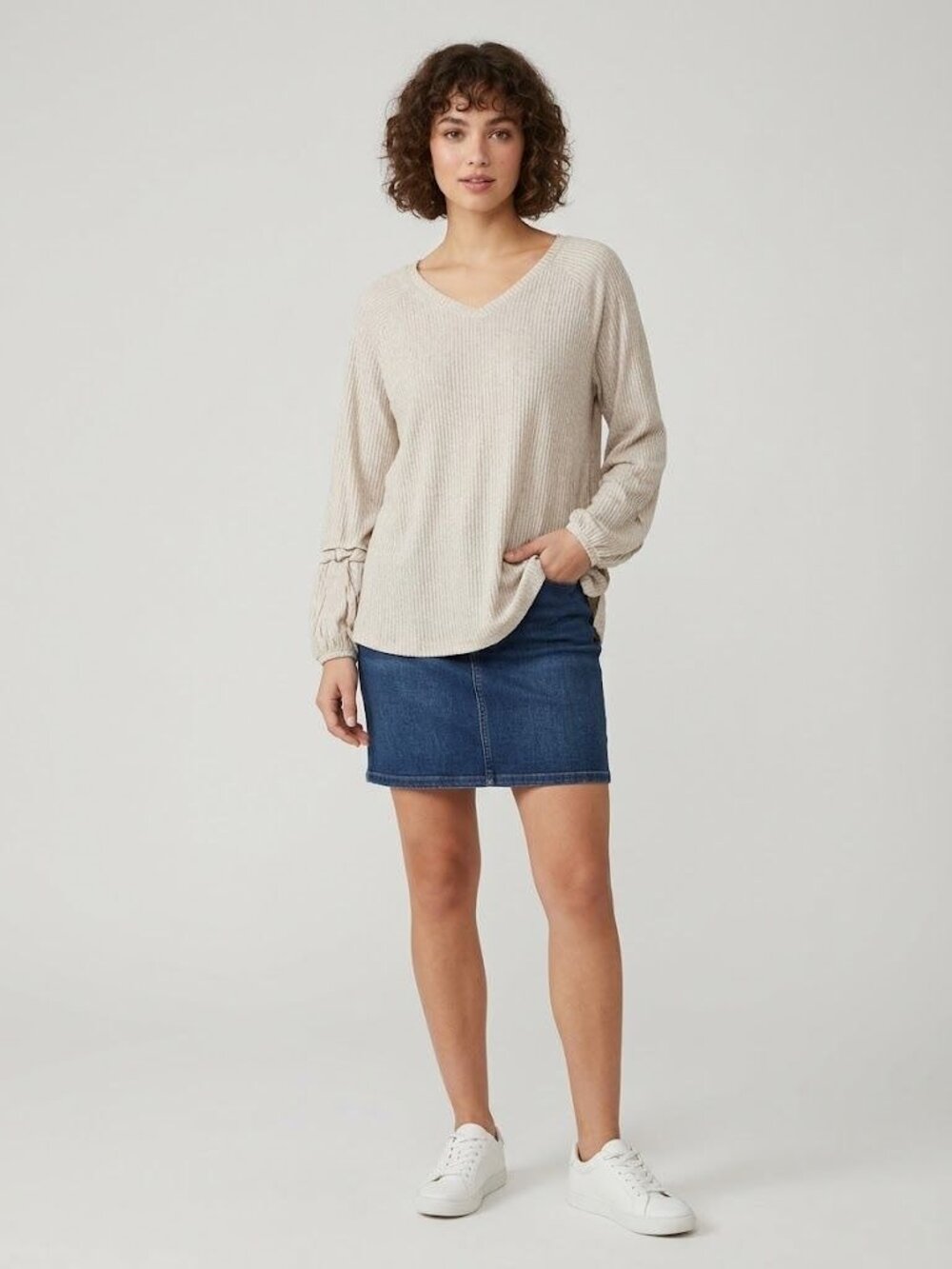 Lane Bryant Womens 18/20 Beige Ribbed V Neck Long Sleeve Tunic Top Plus Size